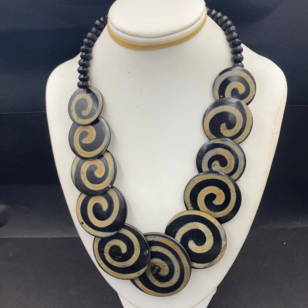 Vintage African Tribal Spiral Wood Disk Necklace